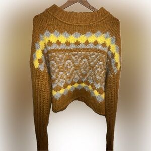 Free People Alpine Sweater Fair Isle Wool Blend Chunky Knit Wide Sleeve, Size M